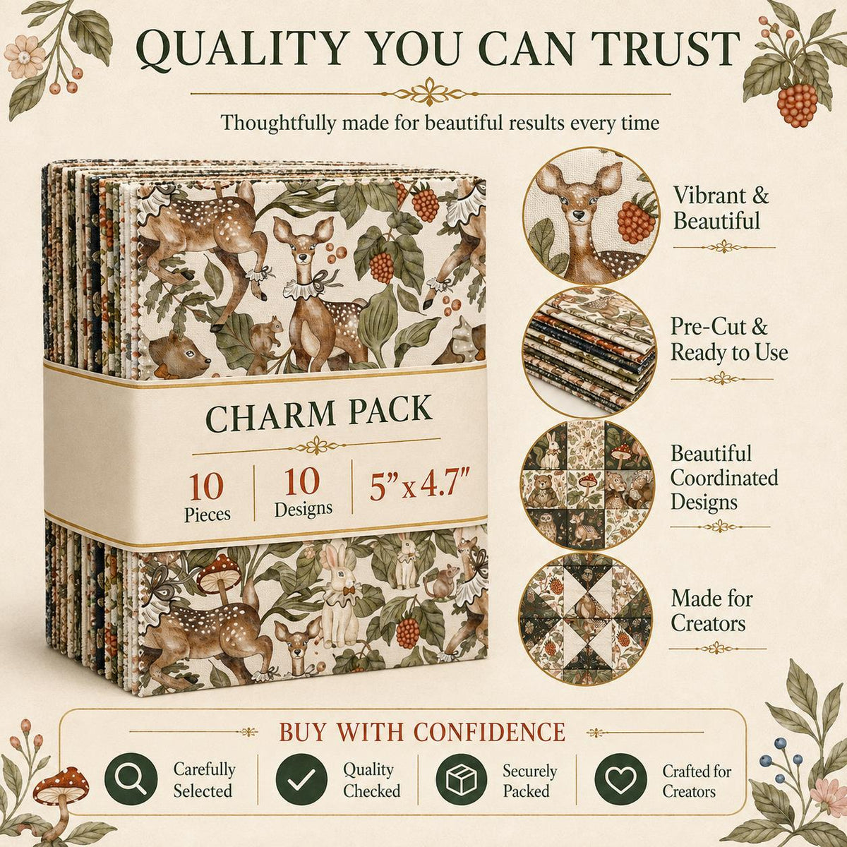 10pcs Charm Pack Set Deer Owl Animal Floral Pattern 100% Polyester Patchwork in 10 Design Styles, Ready-to-Sew Without Cutting, Suitable For Patchwork Wallet Making Gift Giving Tote Bags Coasters DIY Craft Projects Christmas Gift