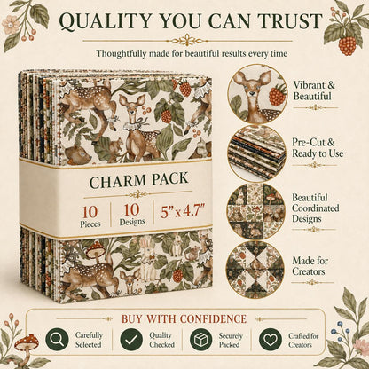 10pcs Charm Pack Set Deer Owl Animal Floral Pattern 100% Polyester Patchwork in 10 Design Styles, Ready-to-Sew Without Cutting, Suitable For Patchwork Wallet Making Gift Giving Tote Bags Coasters DIY Craft Projects Christmas Gift