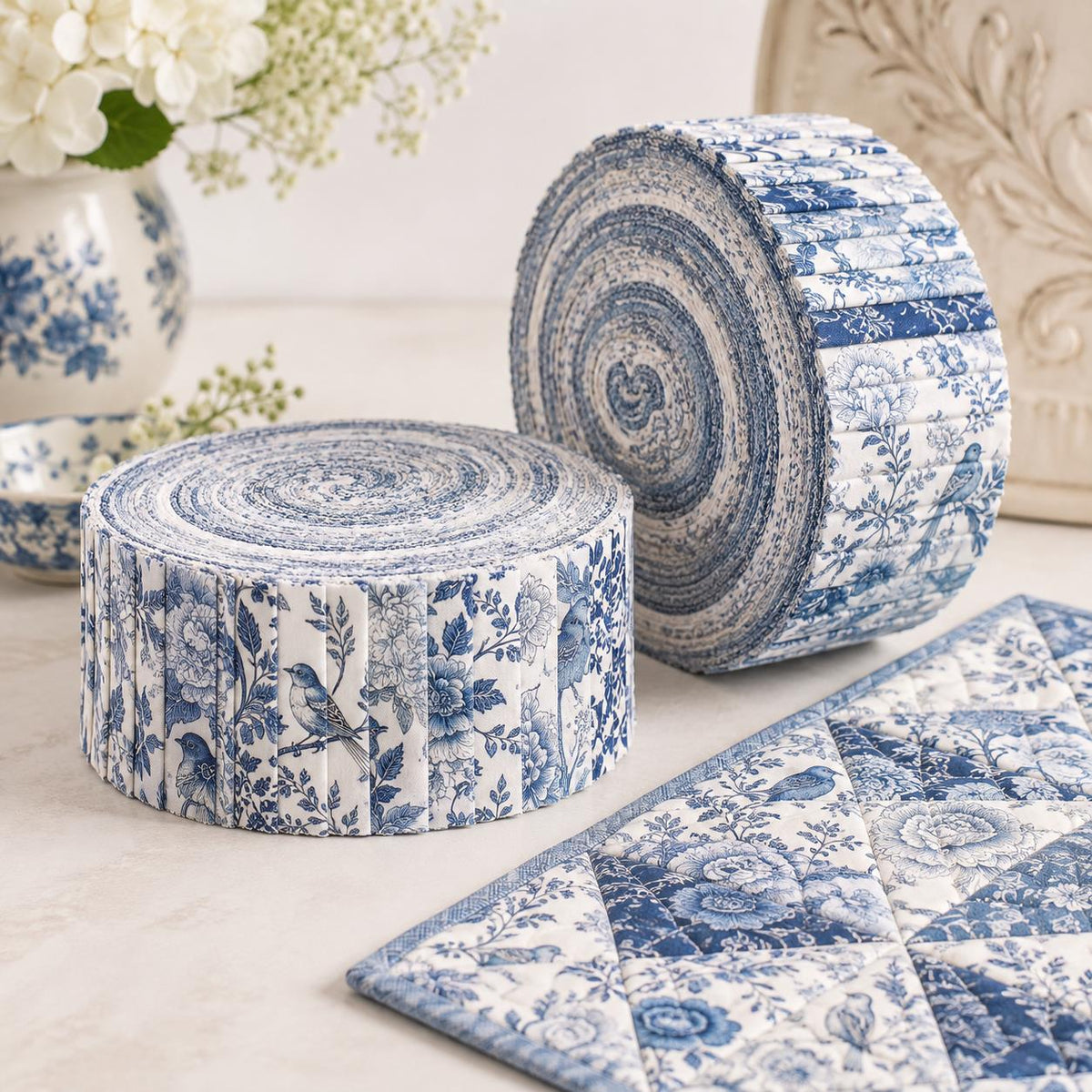 10pcs Vintage Blue Floral Pattern Jelly Roll Fabric Strips 2.5X19.7inch Pre-Cut 100% Polyester For Patchwork Quilts, Table Runners, Placemats, Tote Bags, Storage Pouches, Makeup Bags, Coasters, Quilt Blocks & Binding
