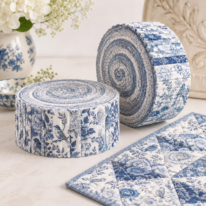10pcs Vintage Blue Floral Pattern Jelly Roll Fabric Strips 2.5X19.7inch Pre-Cut 100% Polyester For Patchwork Quilts, Table Runners, Placemats, Tote Bags, Storage Pouches, Makeup Bags, Coasters, Quilt Blocks & Binding