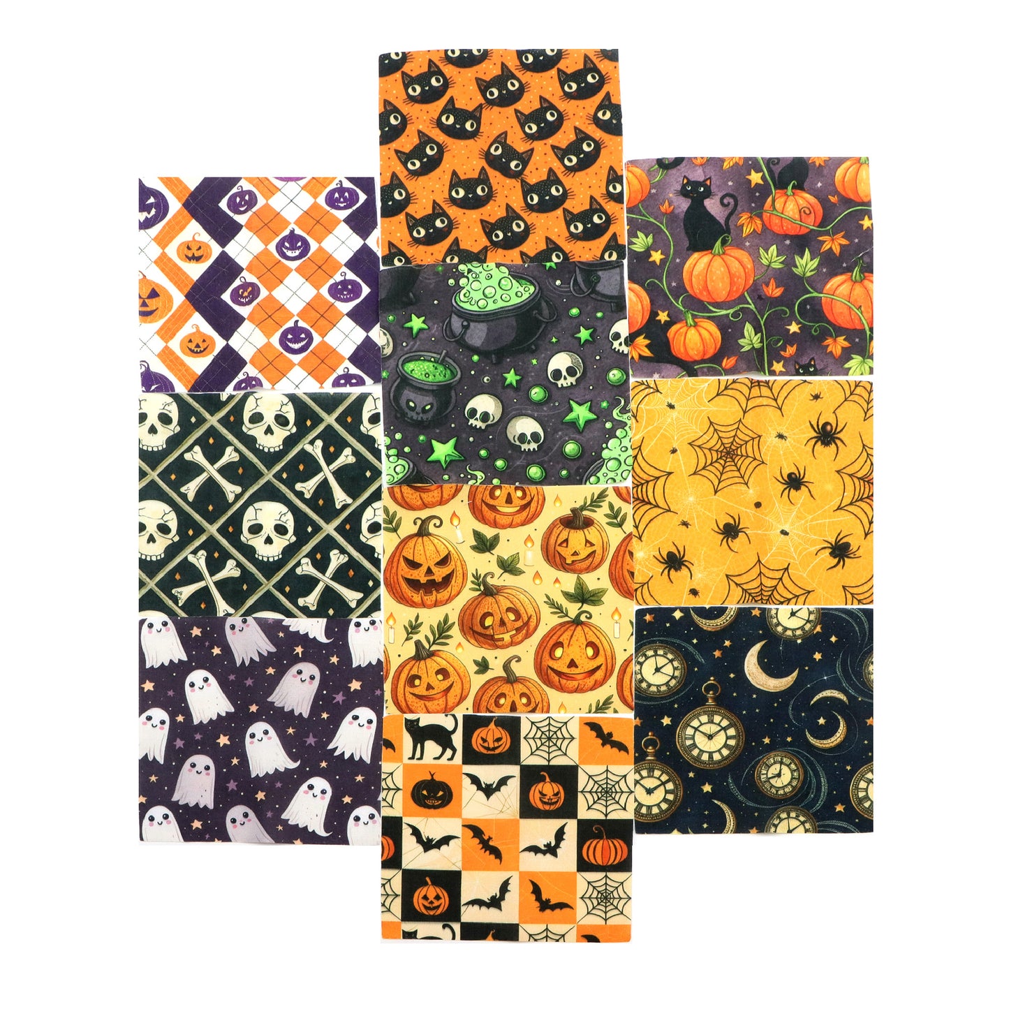 10pcs Charm Pack Set Bat Pumpkin Skull Cat Halloween Vintage Style Pattern Handmade DIY with Rich Color and Texture Elements 100% Polyester Patchwork in 10 Design Styles Suitable for Patchwork DIY Craft Projects DIY Wallet Making Gift Giving Bag Making