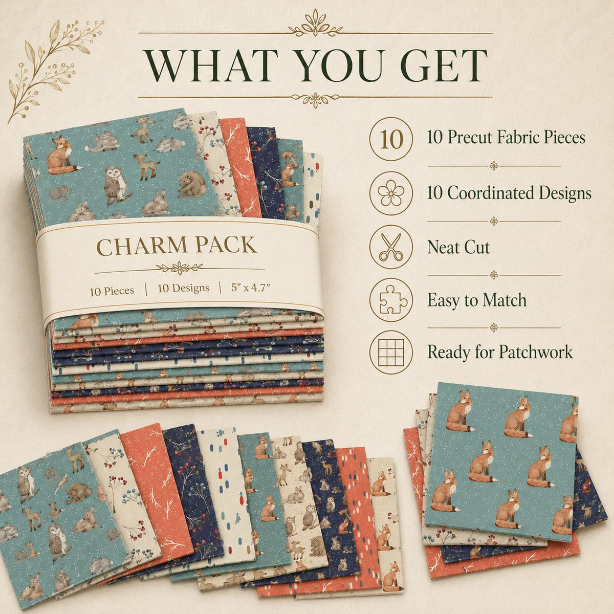 10pcs Charm Pack Set Fox Owl Bunny Pattern 100% Polyester Patchwork in 10 Design Styles, Ready-to-Sew Without Cutting, Suitable For Patchwork Wallet Making Gift Giving Tote Bags Coasters DIY Craft Projects
