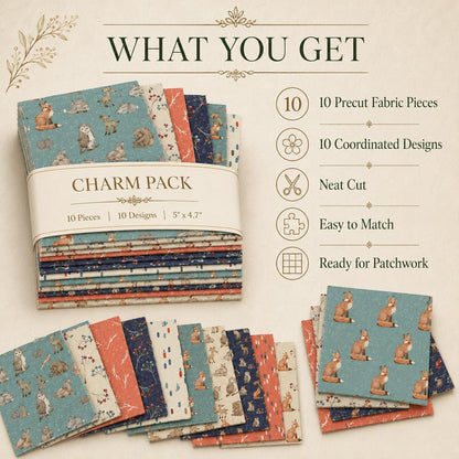 10pcs Charm Pack Set Fox Owl Bunny Pattern 100% Polyester Patchwork in 10 Design Styles, Ready-to-Sew Without Cutting, Suitable For Patchwork Wallet Making Gift Giving Tote Bags Coasters DIY Craft Projects