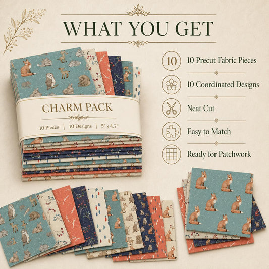 10pcs Charm Pack Set Fox Owl Bunny Pattern 100% Polyester Patchwork in 10 Design Styles, Ready-to-Sew Without Cutting, Suitable For Patchwork Wallet Making Gift Giving Tote Bags Coasters DIY Craft Projects