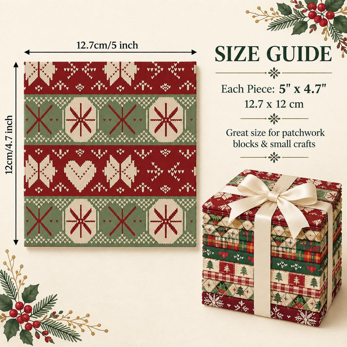 10Pc/Set Christmas Series Stripe Heart Plaid Holly Pinecones Fat Quarter Fabric, Pre-Cut Square Fabric Assort, Fabric Set, Craft Fabric, Handmade DIY Patchwork Fabric,Home Quilting Sewing Fabric, Packaging Fabric, Scrapbooking Craft Hobbyist