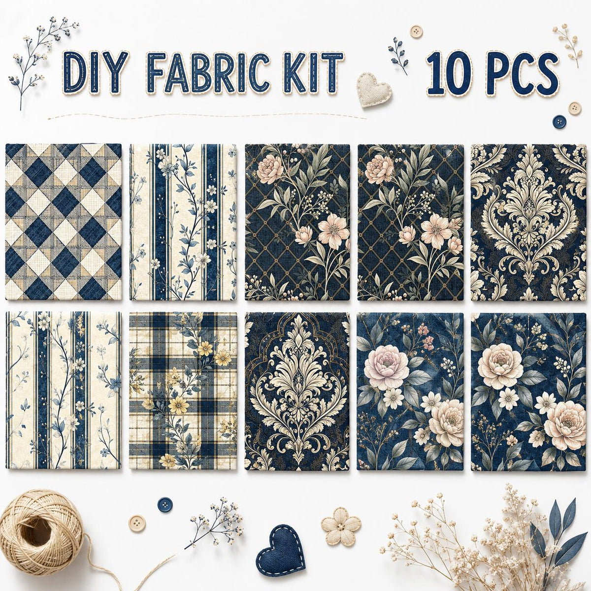10pcs Charm Pack Set Floral Plaid Pattern Vintage Style Pattern Handmade DIY with Rich Color and Texture Elements 100% Polyester Patchwork in 10 Design Styles Suitable for Patchwork DIY Craft Projects DIY Wallet Making Gift Giving Bag Making