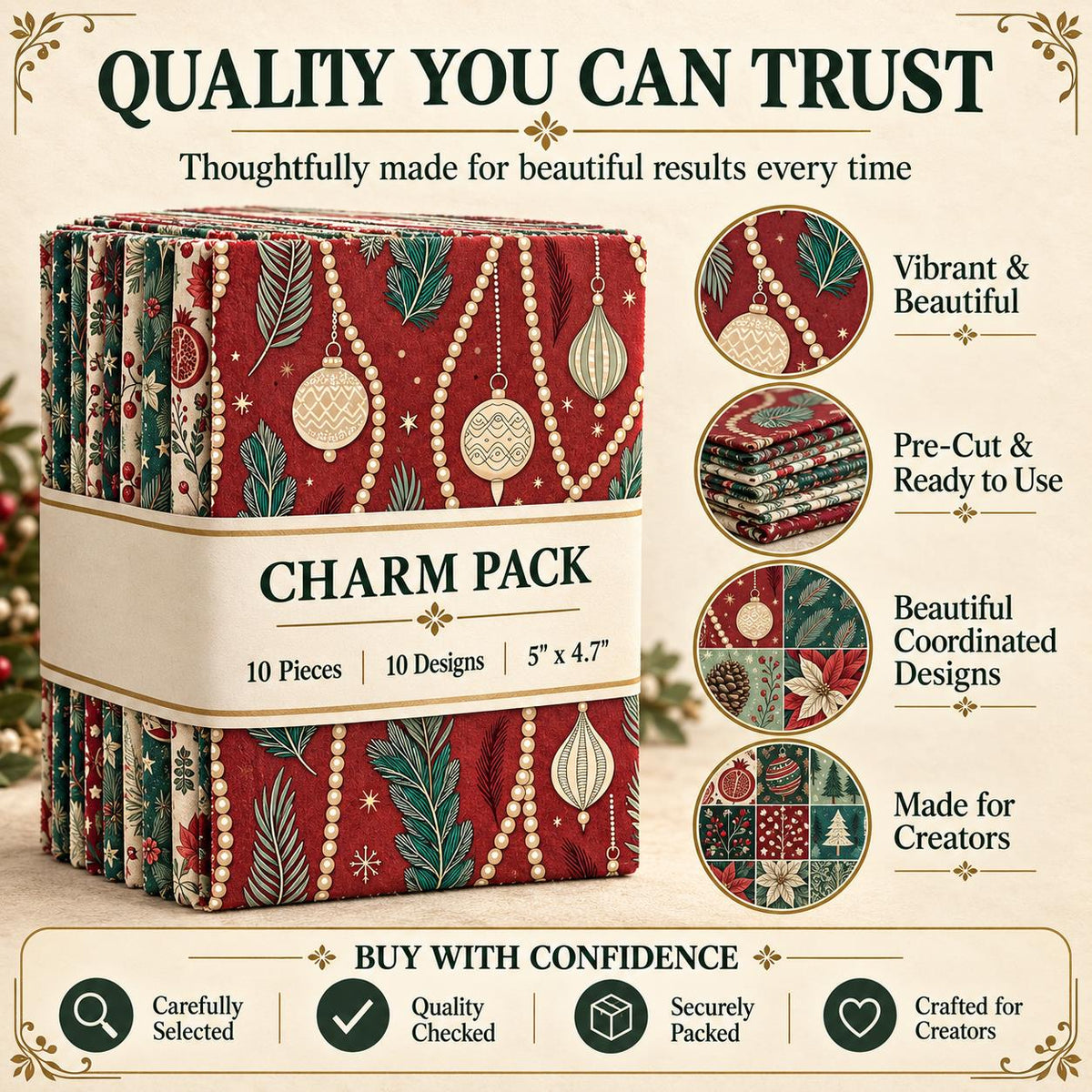 10Pc/Set Christmas Series Flower Tree Pinecones Star Fat Quarter Fabric, Pre-Cut Square Fabric Assort, Fabric Set, Craft Fabric, Handmade DIY Patchwork Fabric,Home Quilting Sewing Fabric, Packaging Fabric, Scrapbooking Craft Hobbyist