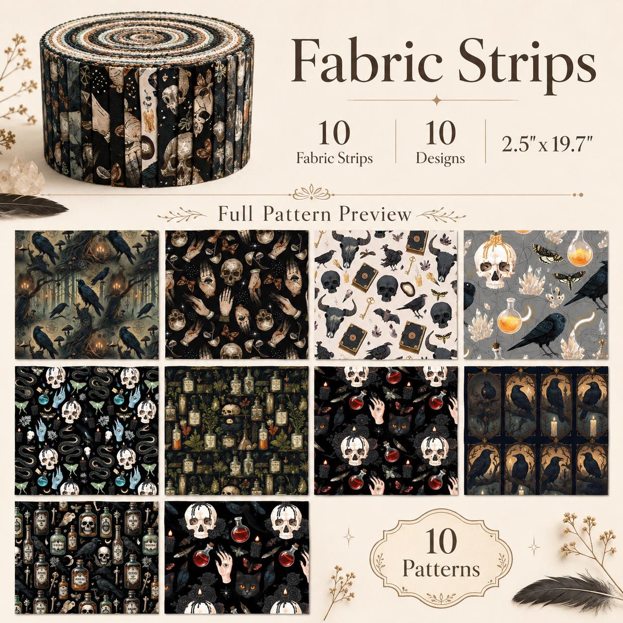 10pcs Vintage Skull Crow Black Pattern Jelly Roll Fabric Strips 2.5X19.7inch Pre-cut 100% Polyester for Patchwork Quilts, Table Runners, Placemats, Tote Bags, Storage Pouches, Makeup Bags, Coasters, Quilt Blocks & Binding