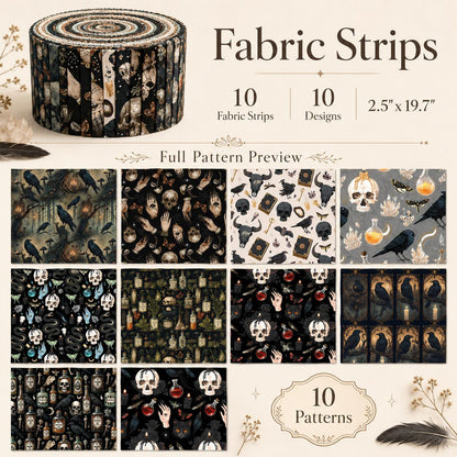 10pcs Vintage Skull Crow Black Pattern Jelly Roll Fabric Strips 2.5X19.7inch Pre-cut 100% Polyester for Patchwork Quilts, Table Runners, Placemats, Tote Bags, Storage Pouches, Makeup Bags, Coasters, Quilt Blocks & Binding