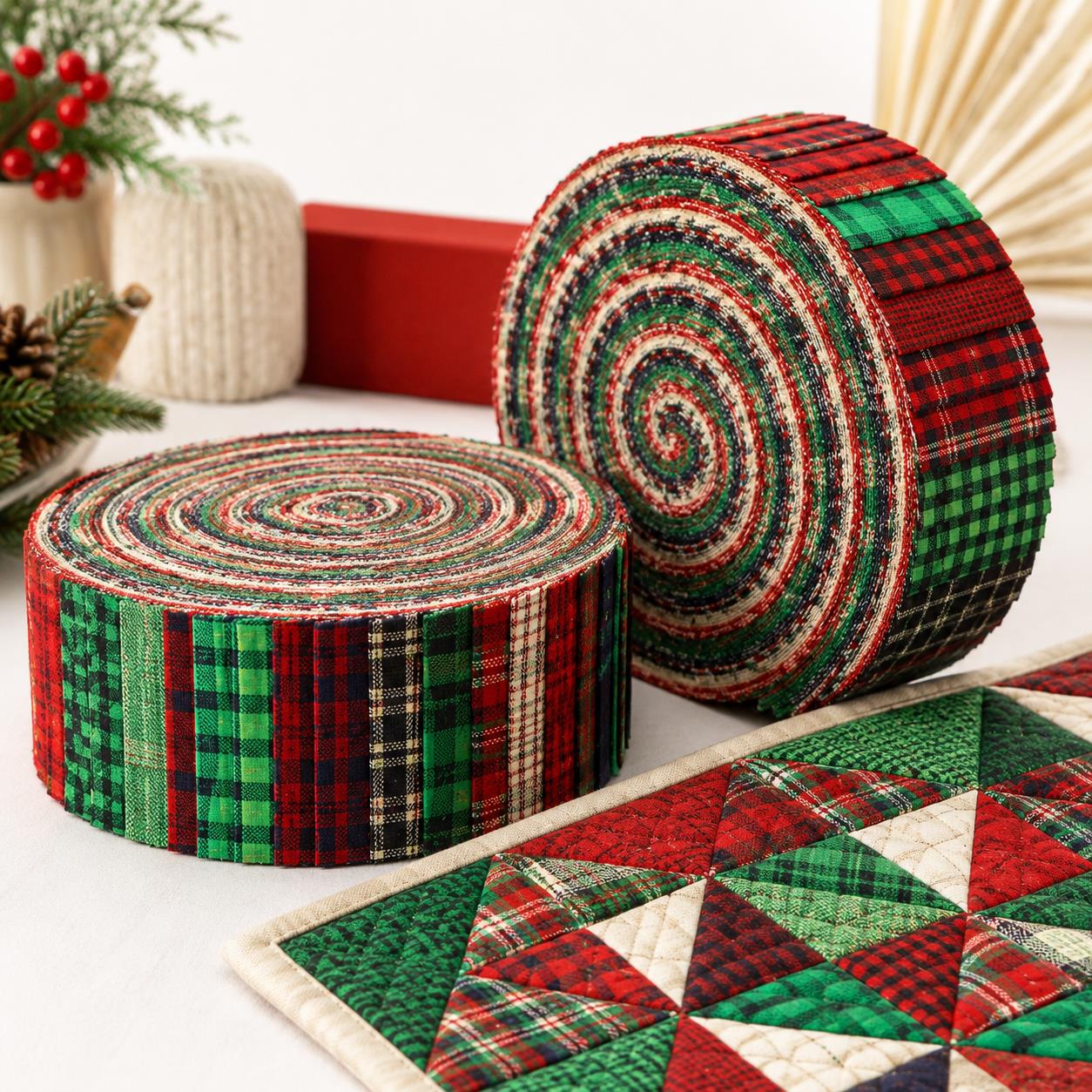 10Pc/Set, Making 10 Images 1pc Each, Each Size: 6.3*50cm Plaid Grid Christmas Series Sliced Fabric Set Style Combination, Polyester Jelly Roll Fabric Strips, Pre-Cut Quilting Squares, For Quilting DIY, Handicrafts And Sewing, Blankets, Rugs
