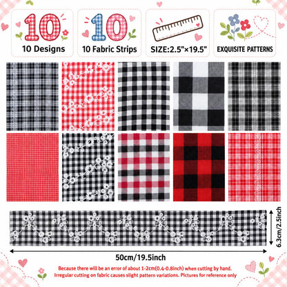 10pcs Vintage Plaid Red & Black Pattern Jelly Roll Fabric Strips 2.5X19.7inch Pre-Cut 100% Polyester For Patchwork Quilts, Table Runners, Placemats, Tote Bags, Storage Pouches, Makeup Bags, Coasters, Quilt Blocks & Binding