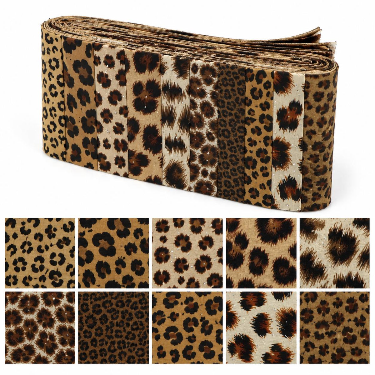 10pcs/Set, Making 10 Images 1pc Each, Each Size: 2.48*19.69inch Plain Leopard Pattern Sliced Fabric Set Style Combination, Polyester Jelly Roll Fabric Strips, Pre-Cut Quilting Squares, for Quilting DIY, Handicrafts And Sewing, Blankets, Rugs