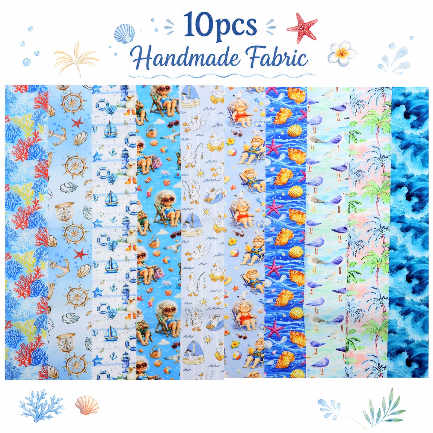 10Pc/Set, Making 10 Images 1pc Each, Each Size: 6.3*50cm Grandma Beach Ocean Series Sliced Fabric Set Style Combination, Polyester Jelly Roll Fabric Strips, Pre-Cut Quilting Squares, For Quilting DIY, Handicrafts And Sewing, Blankets, Rugs