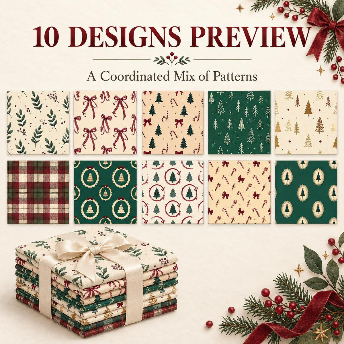 10Pc/Set Christmas Series Plaid Tree Bowknot Star Crutch Fat Quarter Fabric, Pre-Cut Square Fabric Assort, Fabric Set, Craft Fabric, Handmade DIY Patchwork Fabric,Home Quilting Sewing Fabric, Packaging Fabric, Scrapbooking Craft Hobbyist