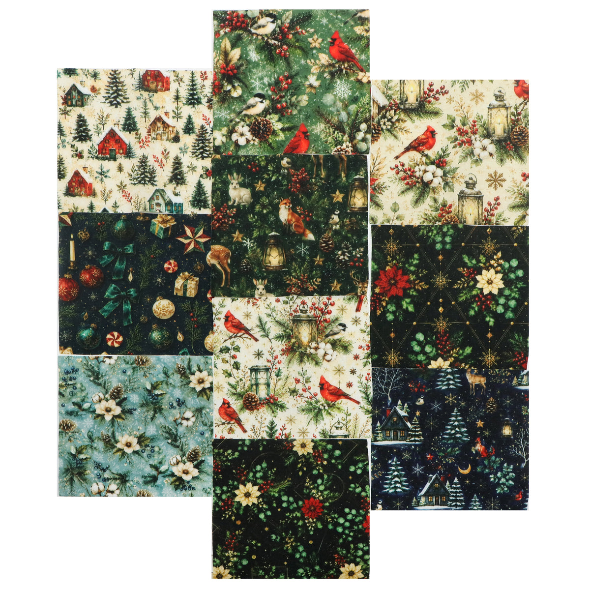 10Pc/Set Christmas Series Bowknot Flower Rabbit Northern Cardinal Deer Holly Pinecones Fox Fat Quarter Fabric, Pre-Cut Square Fabric Assort, Fabric Set, Craft Fabric, Handmade DIY Patchwork Fabric,Home Quilting Sewing Fabric, Packaging Fabric, Scrapbookin