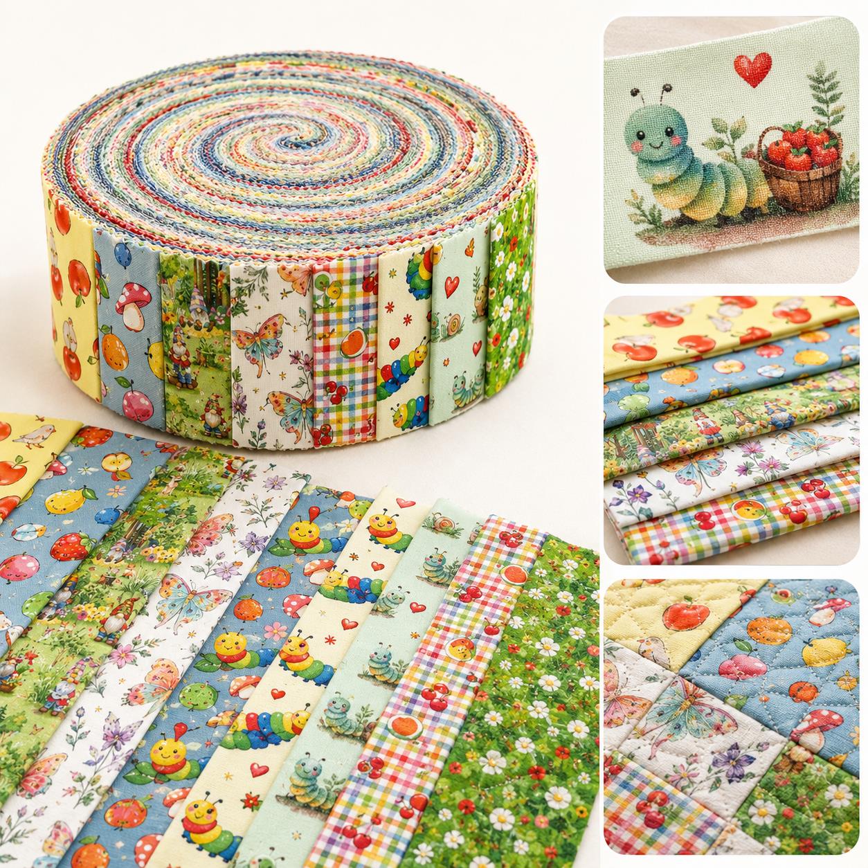 10Pc/Set, Making 10 Images 1pc Each, Each Size: 6.3*50cm Floral Apple Caterpillar Series Sliced Fabric Set Style Combination, Polyester Jelly Roll Fabric Strips, Pre-Cut Quilting Squares, For Quilting DIY, Handicrafts And Sewing, Blankets, Rugs