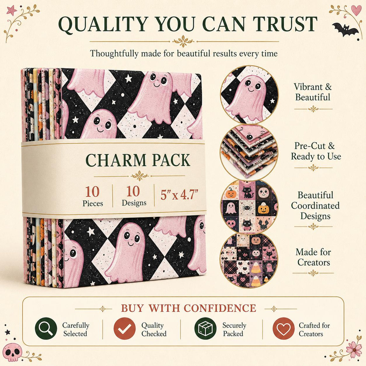 10pcs Charm Pack Set  Bat Ghost Cat Pumpkin Halloween Vintage Style Pattern Handmade DIY with Rich Color and Texture Elements 100% Polyester Patchwork in 10 Design Styles Suitable for Patchwork DIY Craft Projects DIY Wallet Making Gift Giving Bag Making