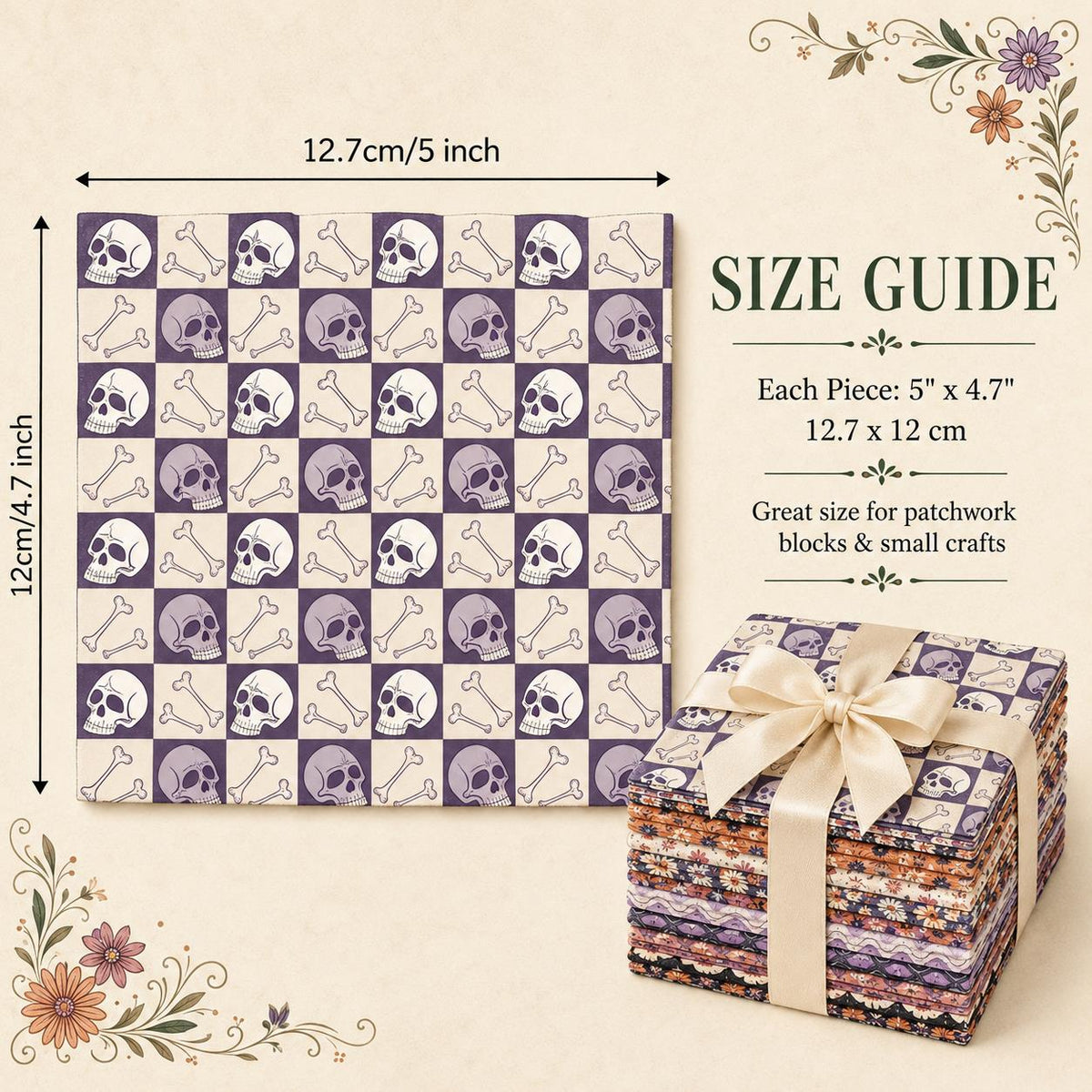 10Pc/Set Halloween Series Plaid Skull Flower Bones Bat Fat Quarter Fabric, Pre-Cut Square Fabric Assort, Fabric Set, Craft Fabric, Handmade DIY Patchwork Fabric,Home Quilting Sewing Fabric, Packaging Fabric, Scrapbooking Craft Hobbyist