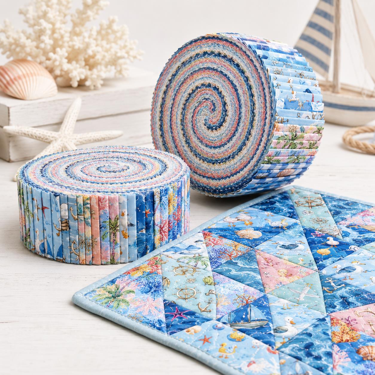 10Pc/Set, Making 10 Images 1pc Each, Each Size: 6.3*50cm Grandma Beach Ocean Series Sliced Fabric Set Style Combination, Polyester Jelly Roll Fabric Strips, Pre-Cut Quilting Squares, For Quilting DIY, Handicrafts And Sewing, Blankets, Rugs