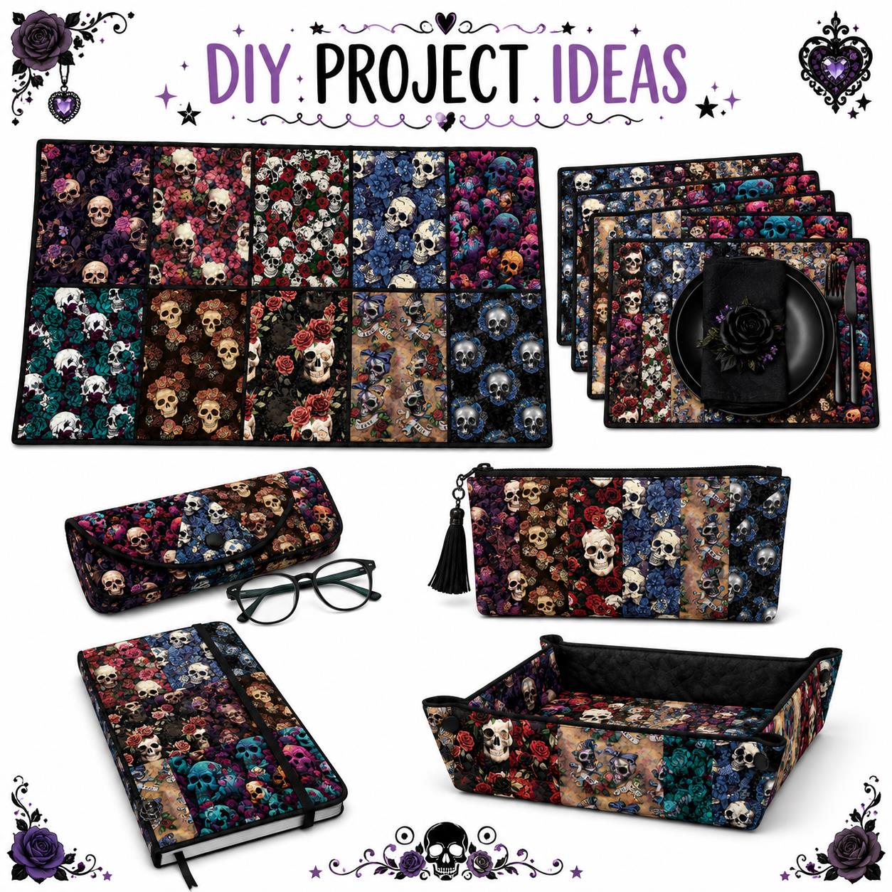 10pcs Skull Halloween Pattern Jelly Roll Fabric Strips 2.5X19.7inch Pre-cut 100% Polyester for Patchwork Quilts, Table Runners, Placemats, Tote Bags, Storage Pouches, Makeup Bags, Coasters, Quilt Blocks & Binding