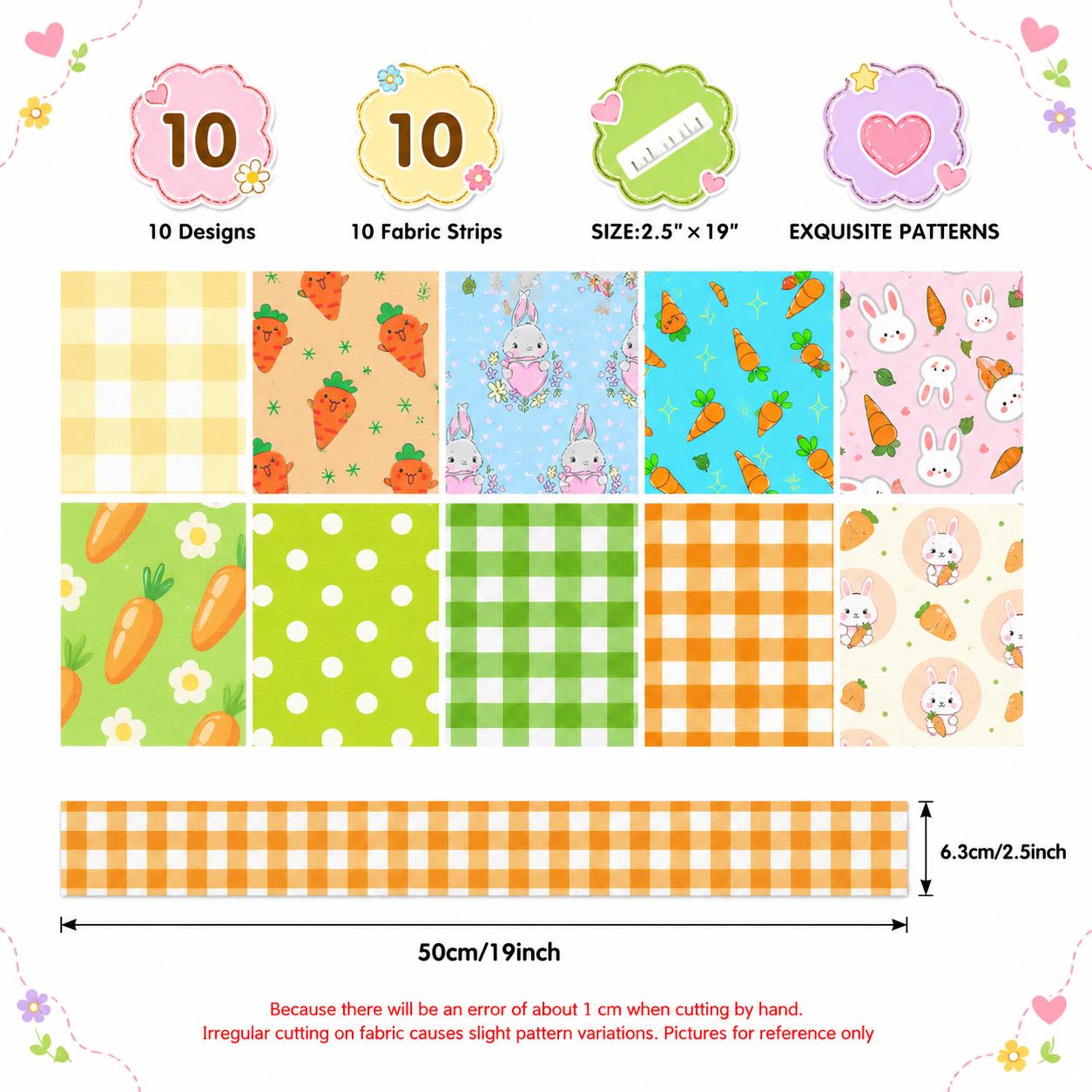 10pcs Vintage carrot Rabbit Bunny Pattern Jelly Roll Fabric Strips 2.5X19.7inch Pre-cut 100% Polyester for Patchwork Quilts, Table Runners, Placemats, Tote Bags, Storage Pouches, Makeup Bags, Coasters, Quilt Blocks & Binding