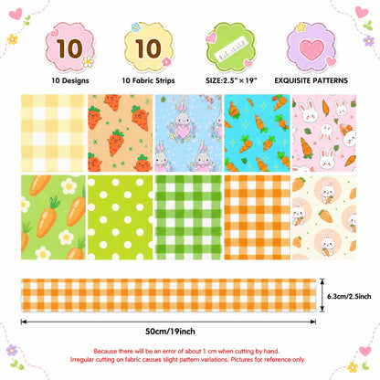 10pcs Vintage carrot Rabbit Bunny Pattern Jelly Roll Fabric Strips 2.5X19.7inch Pre-cut 100% Polyester for Patchwork Quilts, Table Runners, Placemats, Tote Bags, Storage Pouches, Makeup Bags, Coasters, Quilt Blocks & Binding