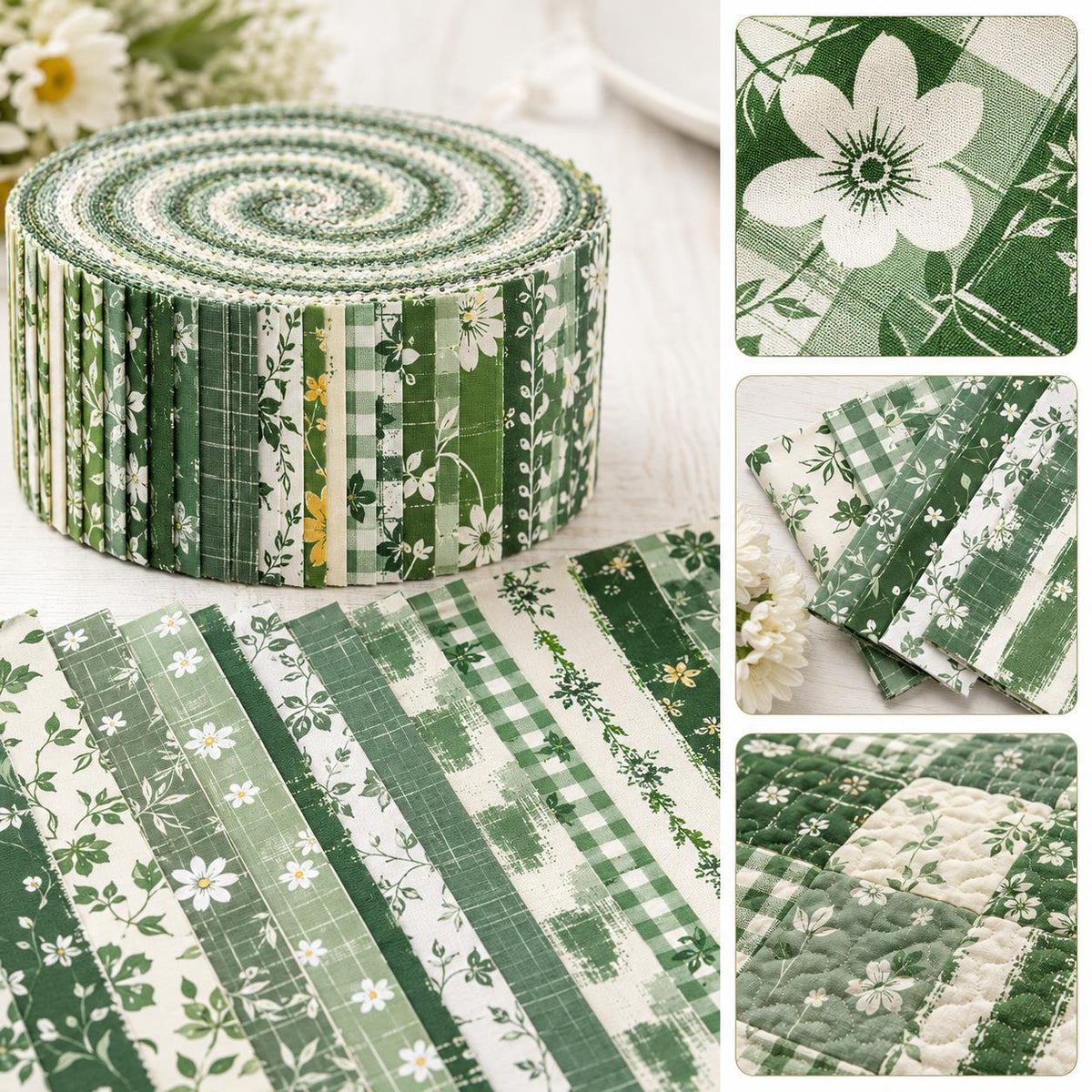 10pcs Vintage Floral Green Pattern Jelly Roll Fabric Strips 2.5X19.7inch Pre-cut 100% Polyester for Patchwork Quilts, Table Runners, Placemats, Tote Bags, Storage Pouches, Makeup Bags, Coasters, Quilt Blocks & Binding Multi-color