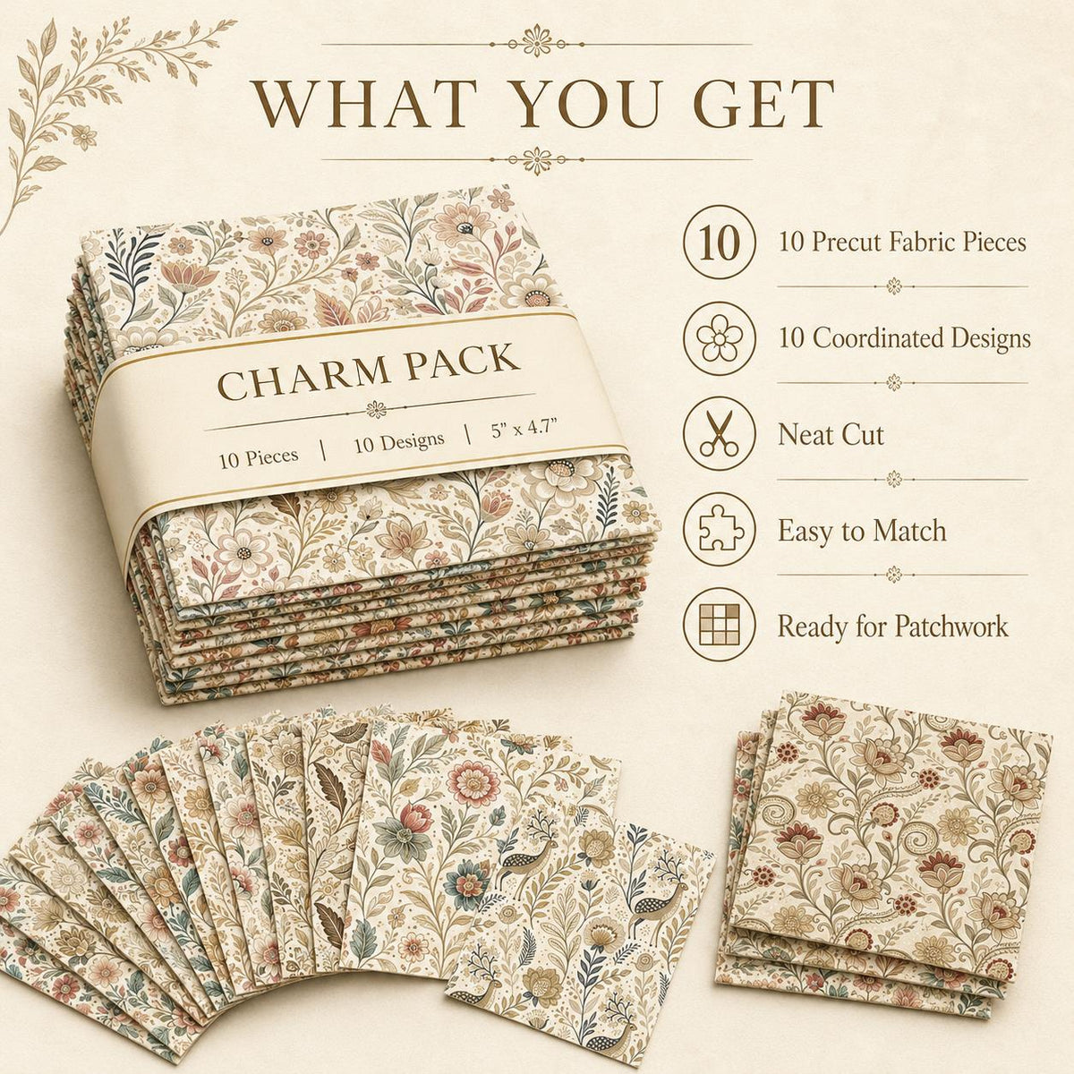 10pcs Charm Pack Set Floral Vintage Style Pattern Handmade DIY with Rich Color and Texture Elements 100% Polyester Patchwork in 10 Design Styles Suitable for Patchwork DIY Craft Projects DIY Wallet Making Gift Giving Bag Making Mother's Day Gift