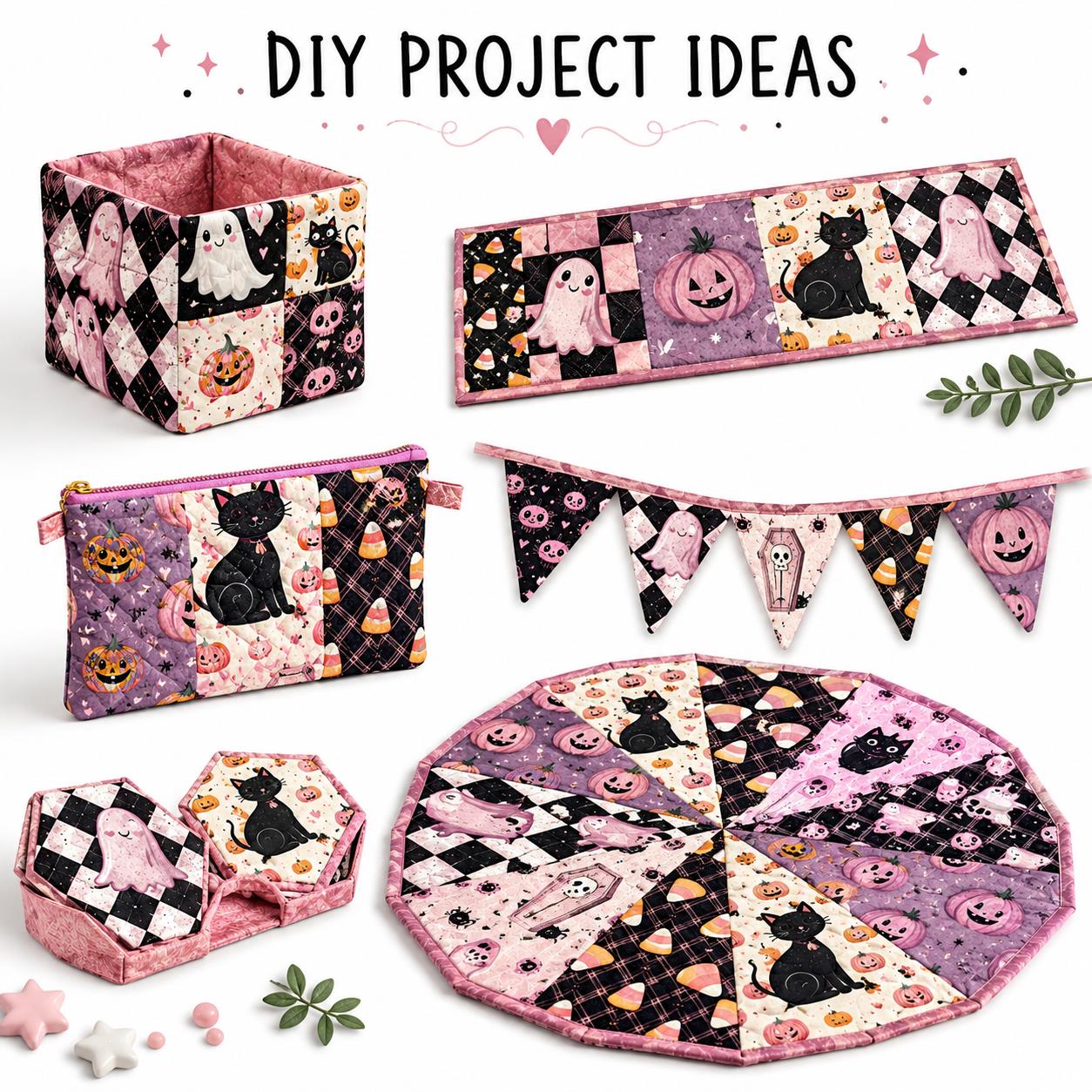 10pcs Charm Pack Set  Bat Ghost Cat Pumpkin Halloween Vintage Style Pattern Handmade DIY with Rich Color and Texture Elements 100% Polyester Patchwork in 10 Design Styles Suitable for Patchwork DIY Craft Projects DIY Wallet Making Gift Giving Bag Making