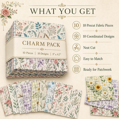 10pcs Charm Pack Set Floral Pattern 100% Polyester Patchwork in 10 Design Styles, Ready-to-Sew Without Cutting, Suitable For Patchwork Wallet Making Gift Giving Tote Bags Coasters DIY Craft Projects