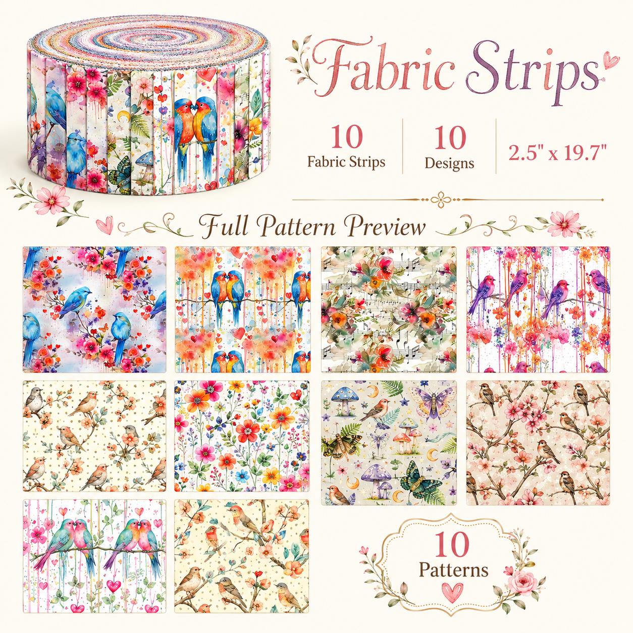 10Pc/Set, Making 10 Images 1pc Each, Each Size: 6.3*50cm Spring Bird Series Sliced Fabric Set Style Combination, Polyester Jelly Roll Fabric Strips, Pre-Cut Quilting Squares, For Quilting DIY, Handicrafts And Sewing, Blankets, Rugs, Interior Decoration