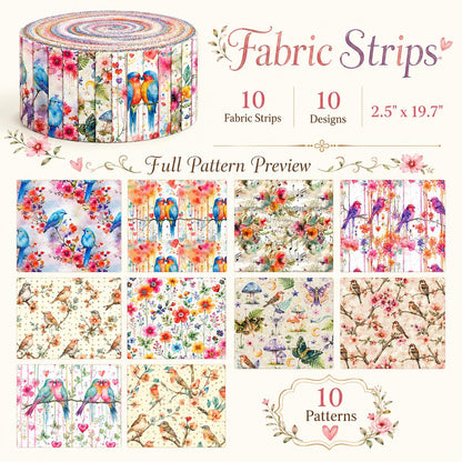 10Pc/Set, Making 10 Images 1pc Each, Each Size: 6.3*50cm Spring Bird Series Sliced Fabric Set Style Combination, Polyester Jelly Roll Fabric Strips, Pre-Cut Quilting Squares, For Quilting DIY, Handicrafts And Sewing, Blankets, Rugs, Interior Decoration