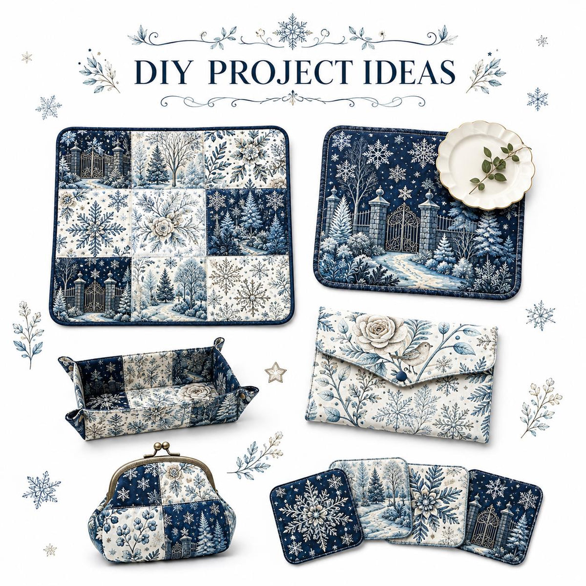 10Pc/Set Christmas Flower Blue Series Bird Leaves House Fat Quarter Fabric, Pre-Cut Square Fabric Assort, Fabric Set, Craft Fabric, Handmade DIY Patchwork Fabric,Home Quilting Sewing Fabric, Packaging Fabric, Scrapbooking Craft Hobbyist