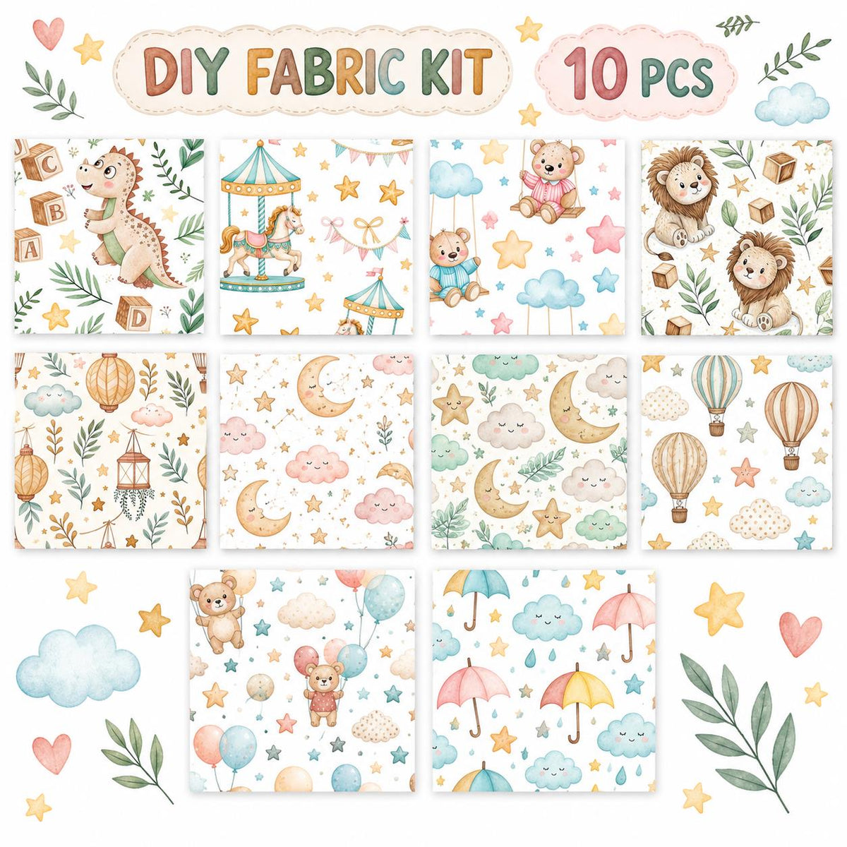 10Pc/Set Animal Series Dinosaurs Lions Bear Moon Umbrella Balloon Cloud Fat Quarter Fabric, Pre-Cut Square Fabric Assort, Fabric Set, Craft Fabric, Handmade DIY Patchwork Fabric,Home Quilting Sewing Fabric, Packaging Fabric, Scrapbooking Craft Hobbyist