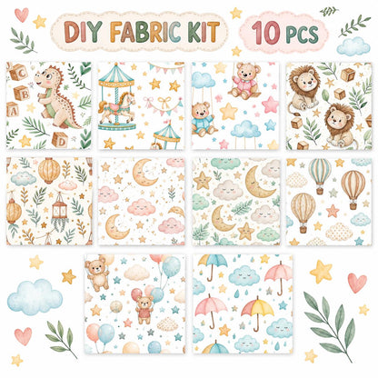 10Pc/Set Animal Series Dinosaurs Lions Bear Moon Umbrella Balloon Cloud Fat Quarter Fabric, Pre-Cut Square Fabric Assort, Fabric Set, Craft Fabric, Handmade DIY Patchwork Fabric,Home Quilting Sewing Fabric, Packaging Fabric, Scrapbooking Craft Hobbyist