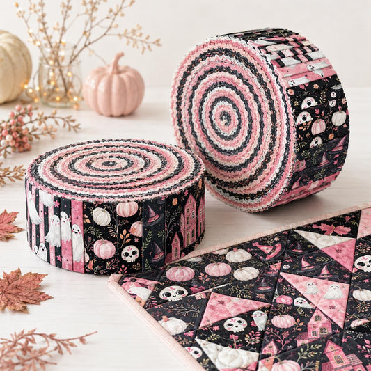 10pcs Vintage Pumpkin Ghost Halloween Theme Jelly Roll Fabric Strips 2.5X19.7inch Pre-Cut 100% Polyester For Patchwork Quilts, Table Runners, Placemats, Tote Bags, Storage Pouches, Makeup Bags, Coasters, Quilt Blocks & Binding