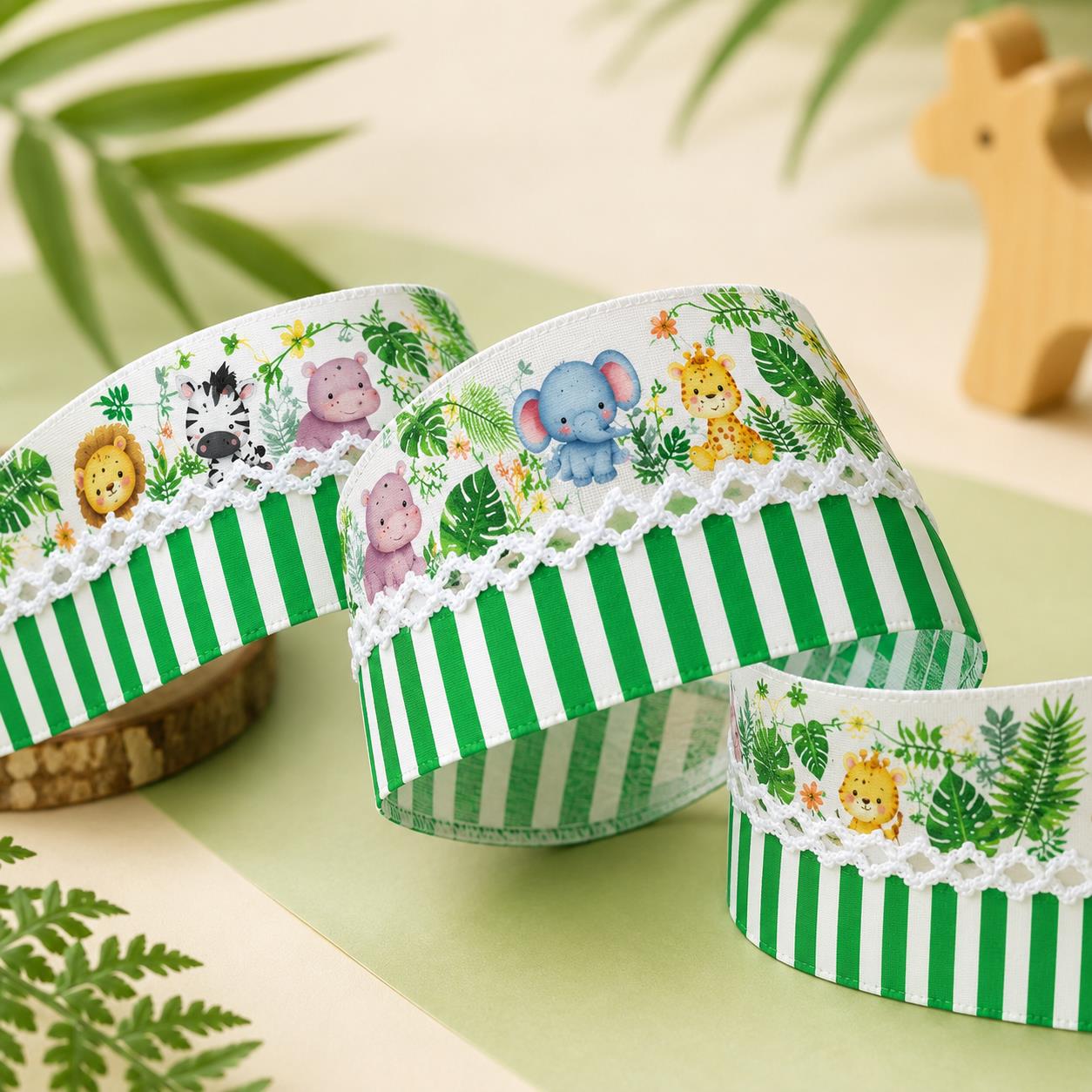 5 Yards Cute Animal Series Ribbon Adorned with Elephant Lions Tiger Stripe Pattern, Width 32mm/1.26-Inch, Two Ribbon Equipped with White Center Hook Edge, Ideal for Showcasing Jewelry And Wrapping Gifts, Creating Bows, Holiday Decorations