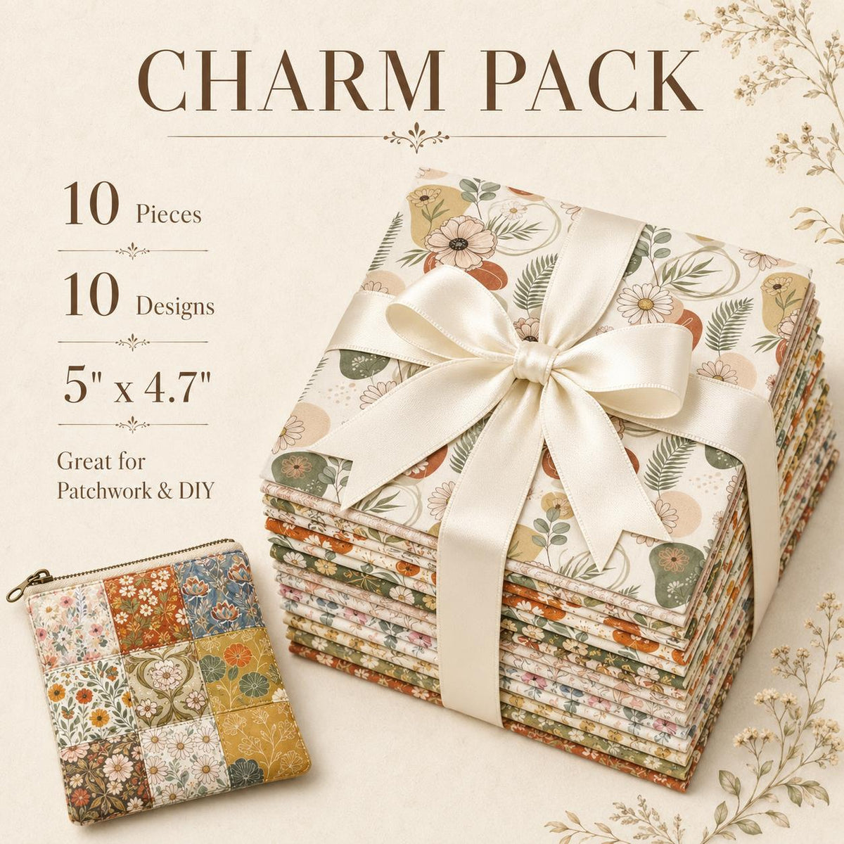 10pcs Charm Pack Set PaInt Splatter Floral Pattern 100% Polyester Patchwork in 10 Design Styles, Ready-To-Sew Without Cutting, Suitable For Patchwork Wallet Making Gift Giving Tote Bags Coasters DIY Craft Projects