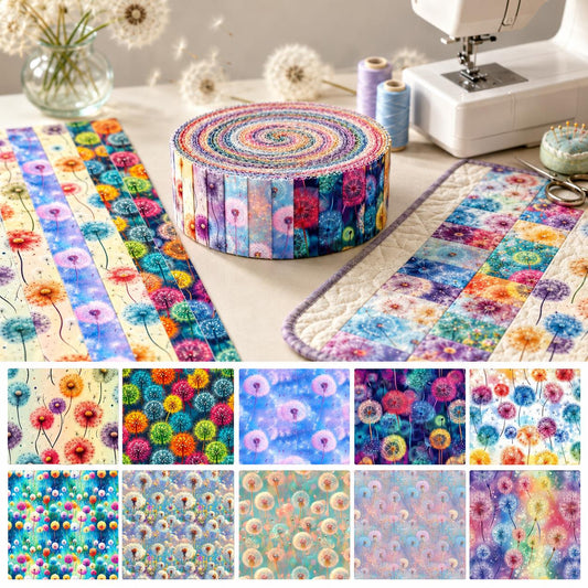10pcs Vintage Dandelion Pattern Floral Jelly Roll Fabric Strips 2.5X19.7inch Pre-Cut 100% Polyester For Patchwork Quilts, Table Runners, Placemats, Tote Bags, Storage Pouches, Makeup Bags, Coasters, Quilt Blocks & Binding