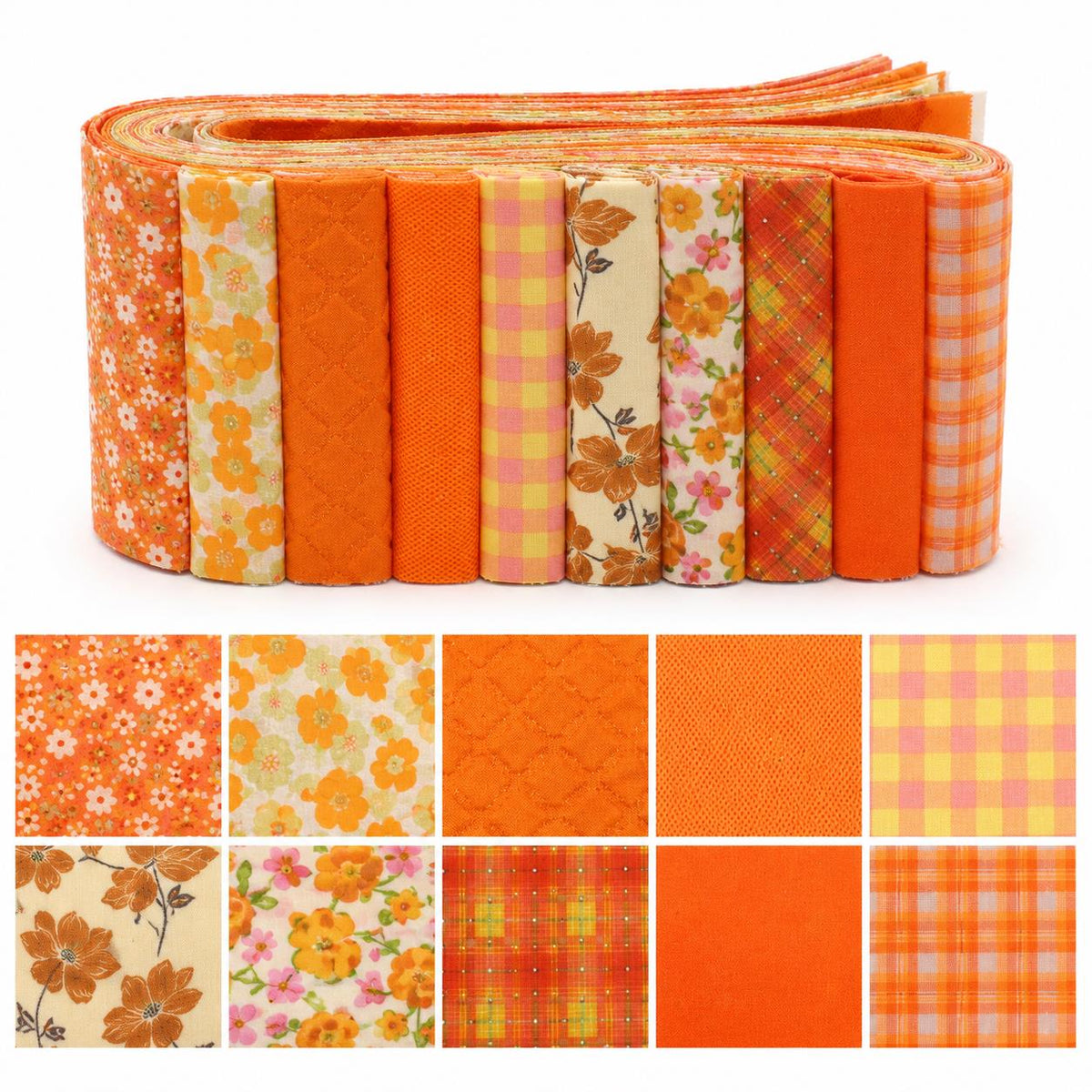 10Pc/Set, Making 10 Images 1pc Each, Each Size: 6.3*50cm Floral Orange Autumn Series Sliced Fabric Set Style Combination, Polyester Jelly Roll Fabric Strips, Pre-Cut Quilting Squares, For Quilting DIY, Handicrafts And Sewing, Blankets, Rugs, Interior Deco