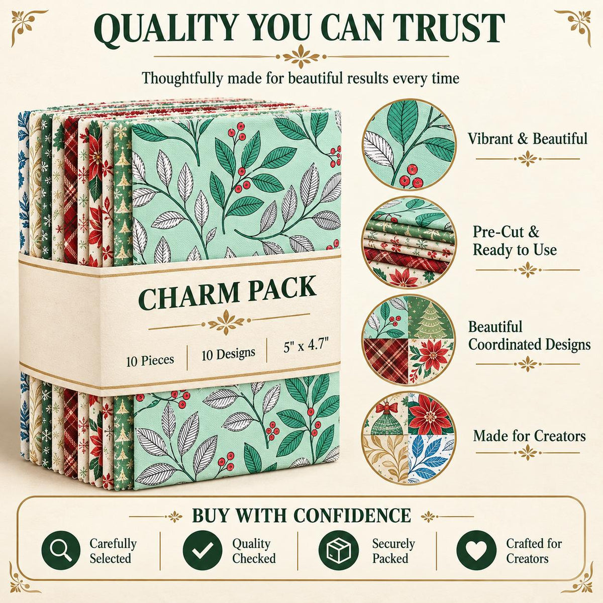 10Pc/Set Christmas Flower Series Plaid Tree Bell Fat Quarter Fabric, Pre-Cut Square Fabric Assort, Fabric Set, Craft Fabric, Handmade DIY Patchwork Fabric,Home Quilting Sewing Fabric, Packaging Fabric, Scrapbooking Craft Hobbyist