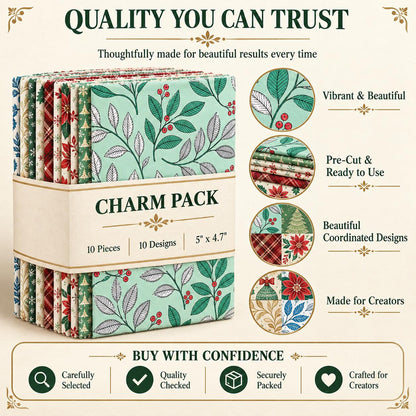 10Pc/Set Christmas Flower Series Plaid Tree Bell Fat Quarter Fabric, Pre-Cut Square Fabric Assort, Fabric Set, Craft Fabric, Handmade DIY Patchwork Fabric,Home Quilting Sewing Fabric, Packaging Fabric, Scrapbooking Craft Hobbyist