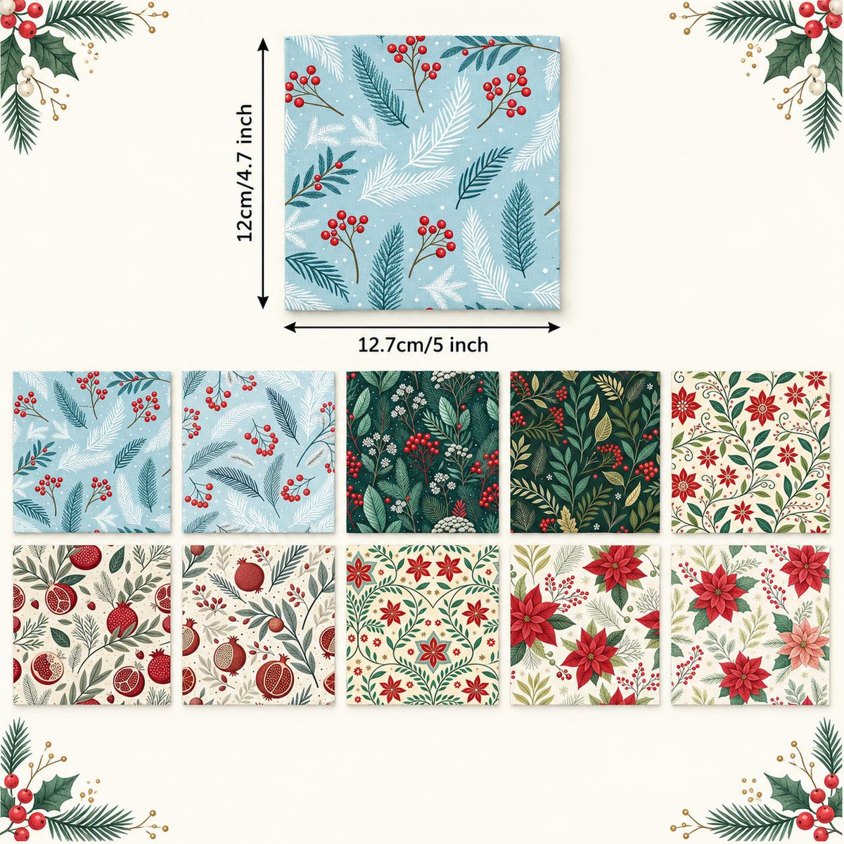 10Pc/Set Christmas Series Flower Pomegranate Holly Fat Quarter Fabric, Pre-Cut Square Fabric Assort, Fabric Set, Craft Fabric, Handmade DIY Patchwork Fabric,Home Quilting Sewing Fabric, Packaging Fabric, Scrapbooking Craft Hobbyist
