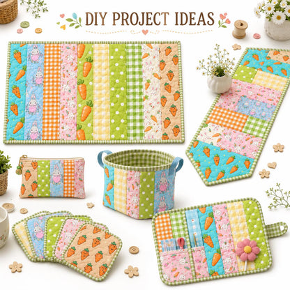 10pcs Vintage carrot Rabbit Bunny Pattern Jelly Roll Fabric Strips 2.5X19.7inch Pre-cut 100% Polyester for Patchwork Quilts, Table Runners, Placemats, Tote Bags, Storage Pouches, Makeup Bags, Coasters, Quilt Blocks & Binding