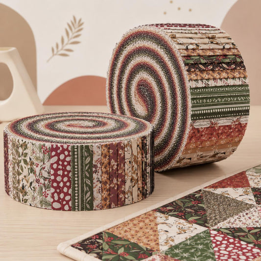 10pcs Vintage Fox Wolf Holly Pattern Jelly Roll Fabric Strips 2.5X19.7inch Pre-Cut 100% Polyester For Patchwork Quilts, Table Runners, Placemats, Tote Bags, Storage Pouches, Makeup Bags, Coasters, Quilt Blocks & Binding