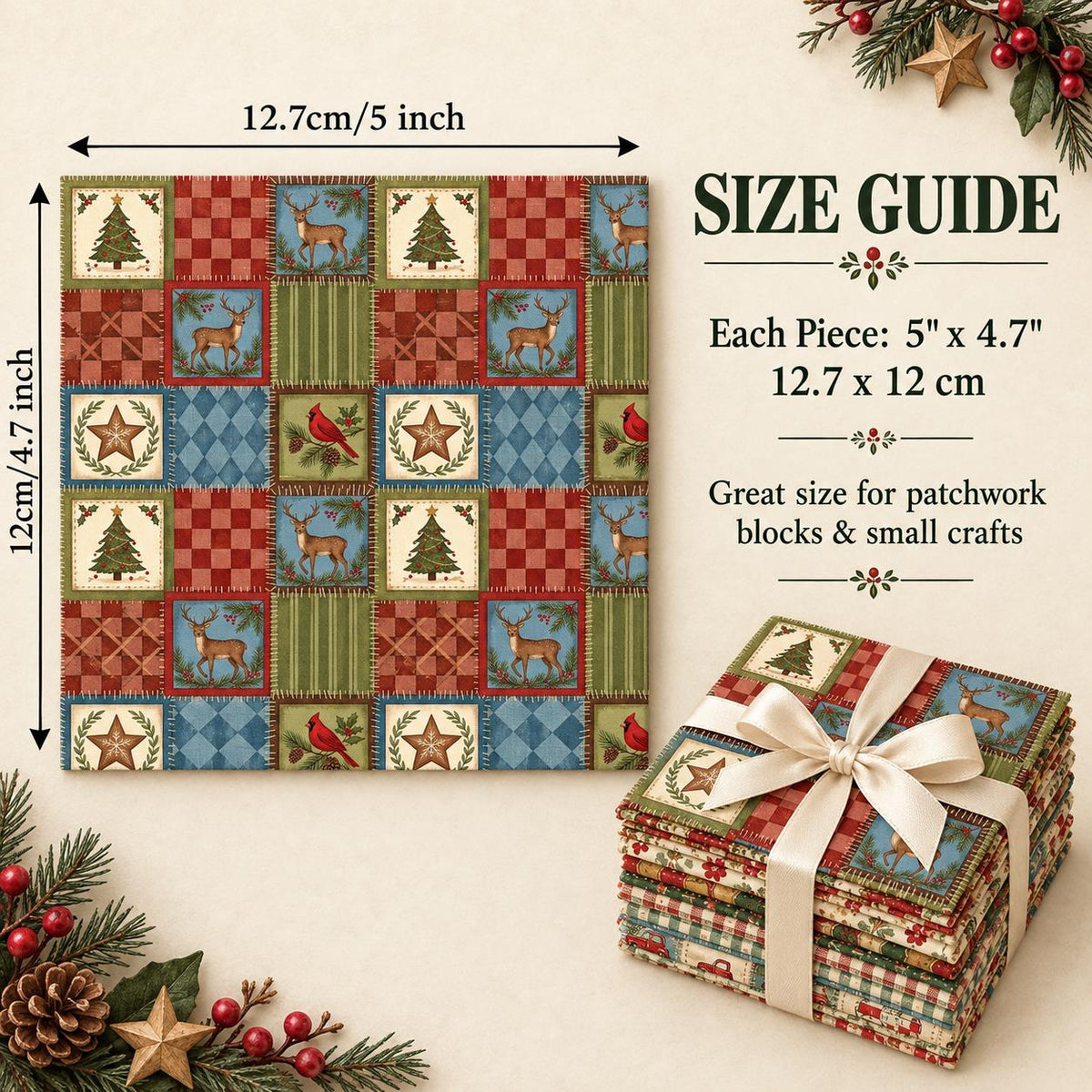 10Pc/Set Christmas Series Bowknot Flower Bell Star Plaid Deer Tree Mouse Holly House Pinecones Northern Cardinal Fat Quarter Fabric, Pre-Cut Square Fabric Assort, Fabric Set, Craft Fabric, Handmade DIY Patchwork Fabric,Home Quilting Sewing Fabric, Packagi