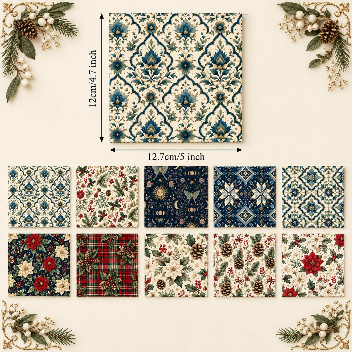 10Pc/Set Christmas Flower Series Plaid Tree Holly Pinecones Fat Quarter Fabric, Pre-Cut Square Fabric Assort, Fabric Set, Craft Fabric, Handmade DIY Patchwork Fabric,Home Quilting Sewing Fabric, Packaging Fabric, Scrapbooking Craft Hobbyist