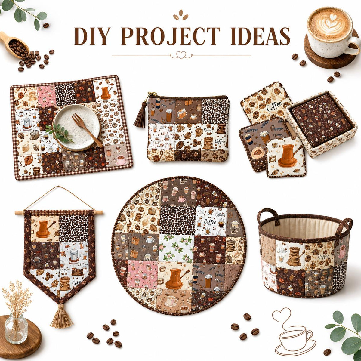 10Pc/Set Coffee Beans Series Leaves Drinks Fat Quarter Fabric, Pre-Cut Square Fabric Assort, Fabric Set, Craft Fabric, Handmade DIY Patchwork Fabric,Home Quilting Sewing Fabric, Packaging Fabric, Scrapbooking Craft Hobbyist