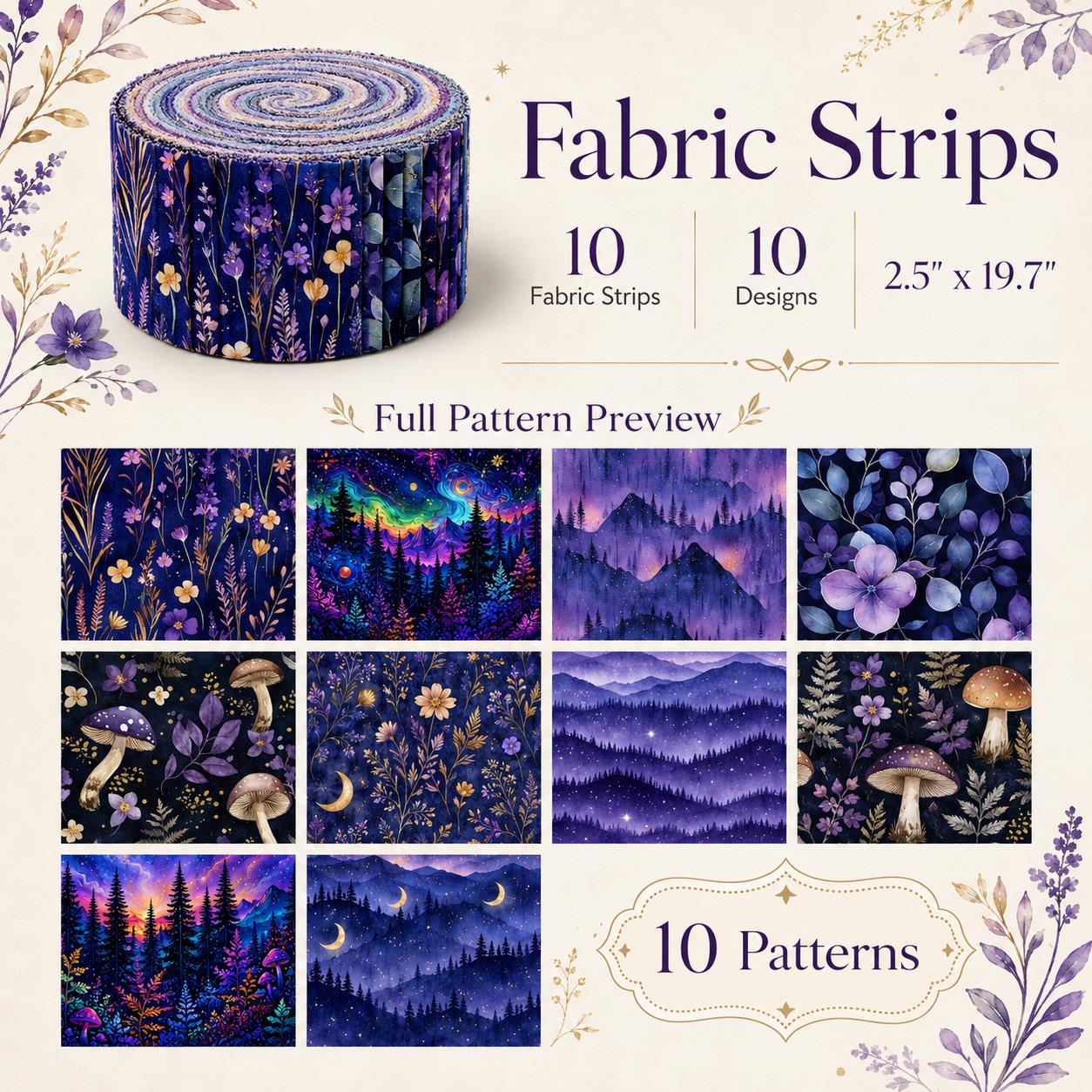 10pcs Vintage Mushroom Mountain Dark Pattern Jelly Roll Fabric Strips 2.5X19.7inch Pre-cut 100% Polyester for Patchwork Quilts, Table Runners, Placemats, Tote Bags, Storage Pouches, Makeup Bags, Coasters, Quilt Blocks & Binding