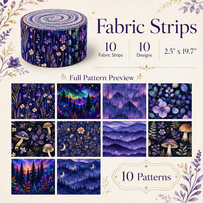 10pcs Vintage Mushroom Mountain Dark Pattern Jelly Roll Fabric Strips 2.5X19.7inch Pre-cut 100% Polyester for Patchwork Quilts, Table Runners, Placemats, Tote Bags, Storage Pouches, Makeup Bags, Coasters, Quilt Blocks & Binding